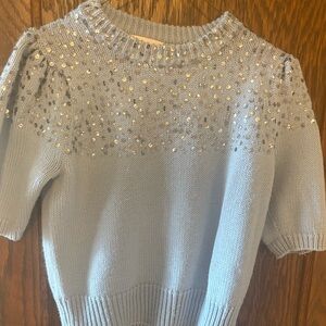 Cinq à Sept sky blue puff sleeve Sweater with Metallic Sequin studding.